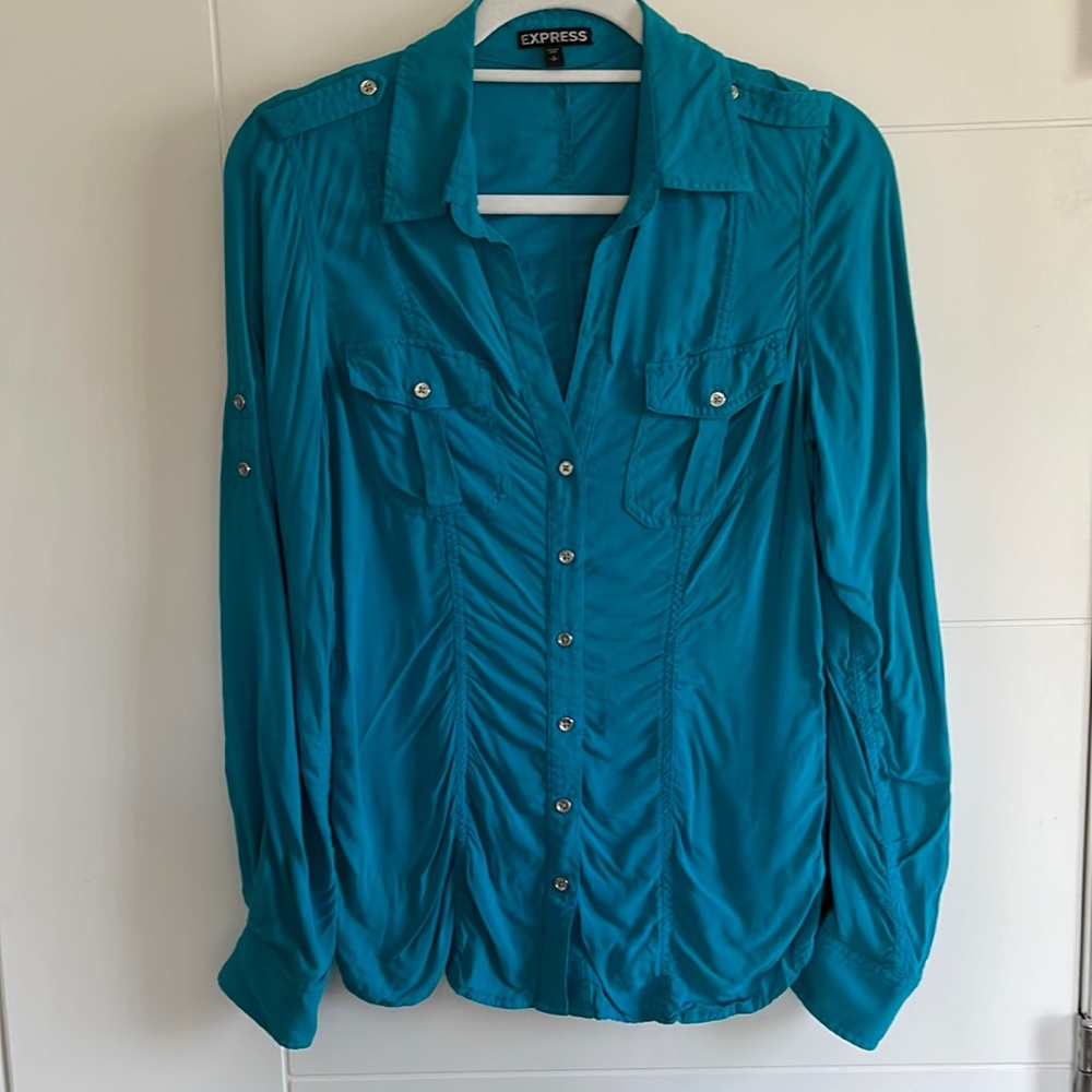 1546- Express teal long sleeve draped details button down top- small